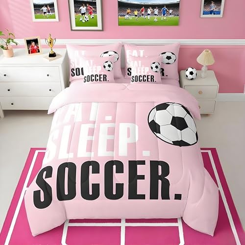 Feelyou Soccer Ball Comforter Set with Sheets Twin Size Pink Football 7 Pieces Bedding Set for Kids Boys Girls Teens Sports Ball Game Bed in a Bag Gift for Football Lover Bed Set