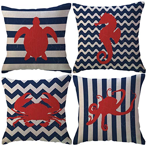 ULOVE LOVE YOURSELF Navy Blue Sea Decor Pillow Covers Ocean Theme Turtle-Seahorse-Octopus-Crab Pattern Decorative Cushion Cover Coastal Pillowcases 18?????18???,4Pack for Beach House