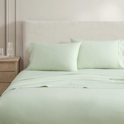 Martha Stewart - King Size Sheets Set, Crisp & Tailored Cooling Sheets w/a Naturally Smooth Cotton Percale Lightweight Feel - Matching Pillowcases & Fitted Sheet (Skylands Solid Green)