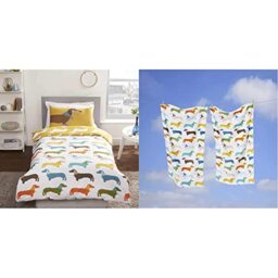 Rapport Reversible Dachshund Sausage Dog Duvet Cover, Polycotton, Ochre, Single & Rapport Coloured Sausage Dog Dachshund Supersoft 100% Cotton Towel, Multi, 70 x 120 cm