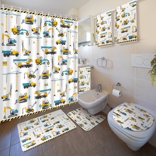 Nuanchu 6 Pcs Excavator Shower Curtain Set with Rug Bathroom Sets with Shower Curtain Bath Mat U Shaped Mat Toilet Lid Cover 2 Bath Towels and 12 Hooks Excavator Bathroom Decor
