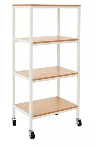 4 Tiers Storage Trolley On Wheels With Wooden Shelves,Natural/White