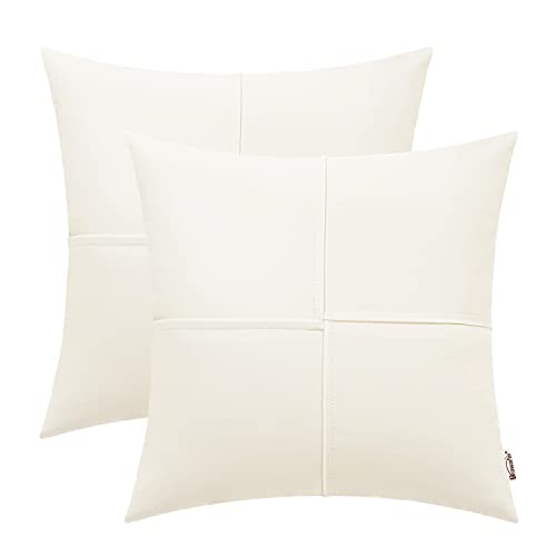 BRAWARM Faux Leather Throw Pillow Covers 20 X 20 Inches, Cream Leather Pillow Covers Pack of 2, Hand Stitched Leather Decorative Throw Pillows for Couch Sofa Bed Living Room Home Garden