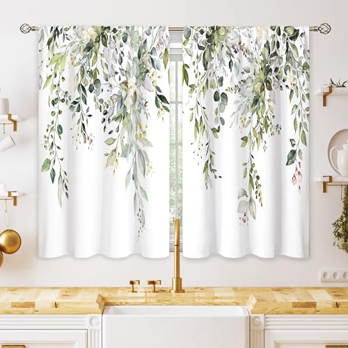 oolygoo Eucalyptus Botanical Leaves Floral Kitchen Window Curtains Over Sink Farmhouse Flower Leaf Small Window Treatment Sage Green Cafe Short Curtains for Bathroom Treatment Tier Drapes 26x45 inch