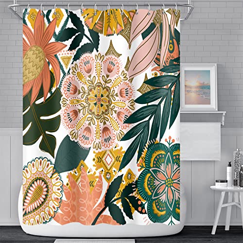 Umpoo Bohemian Floral Bathroom Shower Curtain Boho Abstract Tropical Leaves Flowers Shower Curtain with Hooks Polyester Waterproof Fabric Paisley Unique Trendy Woman Shower Curtain Decor, 72x78 Inch