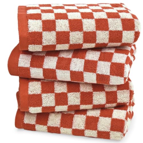 Jacquotha Checkered Hand Towels (13x29 Inches) - Kitchen Hand Towels Pack of 4, Absorbent Cotton Rags for Bathroom Face Gym Pool Swim