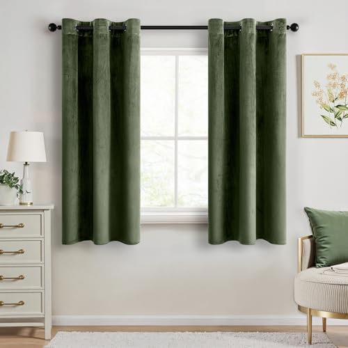 ANRODUO Olive Green Velvet Curtains 45 Inches Long Blackout Thermal Insulated Soundproof Curtain Privacy Room Darkening Curtains Grommet Window Drapes for Bedroom Living Room 42 x 45 Inch Set of 2