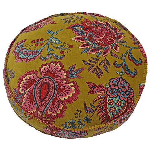 "Riva Paoletti Malisa Round Cushion Cover - Lemon Curry Yellow - Paisley Indian Print - Velvet Fabric - Blanked Stitched Edges - Machine Washable - 100% Cotton - 50 x 50 x 12cm (20"" x 20"" x 5""inches)"