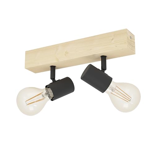 Eglo Ceiling Light Fitting Townshend 3, Vintage Ceiling lamp, Spotlight bar with 2 orientable spot Lights, Retro Light Fixture Made of Steel and Wood, Black, Brown, E27 Socket, FSC Certified