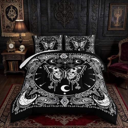 HOSIMA Grey Butterfly Comforter Set for Girls Bedroom Set,Mandala Bedding Boho Floral Twin Comforter Set,Sun and Moon Pattern Bed Set Queen Size with 2 Pillowcases.