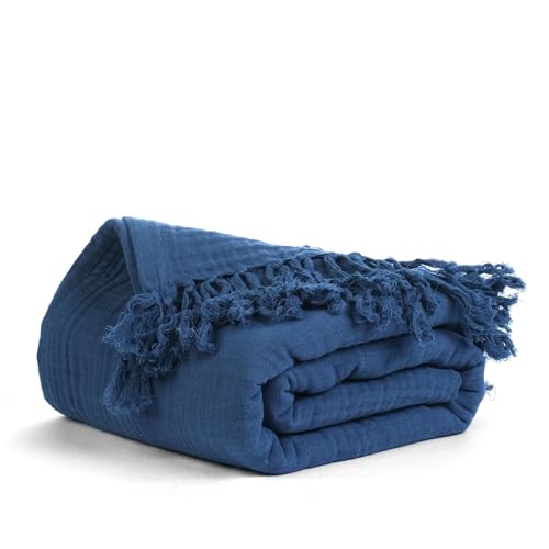 "Salt Earth 100% Cotton Muslin Blanket, Gauze Blanket 50""X60"" Throw Tassel, 4 Layered for Couch,Bed,Living,Summer Lightweight, All Seasons Blankets & Throws, Soft Boho,Travel & Skin Friendly(Navy Blue)"