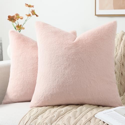 Pallene Faux Fur Plush Throw Pillow Covers 16x16 Set of 2, Luxury Soft Fluffy Cozy Decorative Pillow Covers for Sofa, Couch, Living Room, Blush Pink