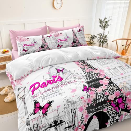 Chumerry Pink Paris Comforter Set Eiffel Tower France Bedding Comforter King Size Bed in a Bag with Pink Sheet Set Cherry Blossom Butterfly Women Girls King Bed Set