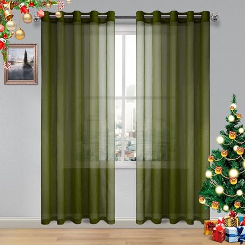 DWCN Semi Sheer Curtains, Grommet Top Window Curtains for Bedroom Living Room, Faux Linen Look Voile Transparent Solid Sheer Curtains Set of 2 Panels 60 x 84 Inches Long, Olive Green