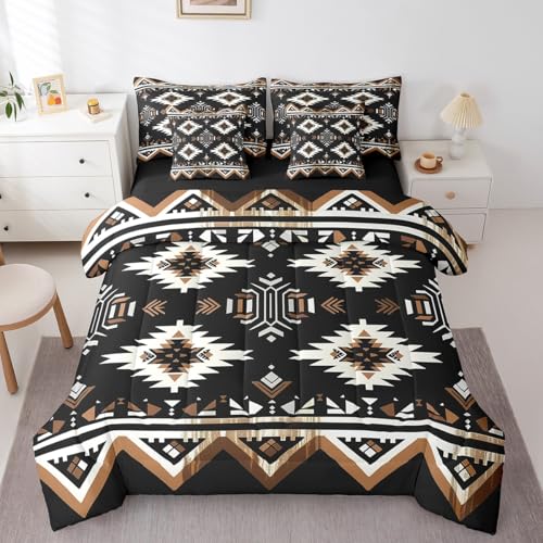Feelyou Black Southwestern Aztec 7 Pieces Bedding Set Twin Size Bohemian Boho Comforter Set with Sheets for Kids Geometric Exotic Wild Western Tribal Bed in a Bag Women Men Teens Ultra Soft Decor