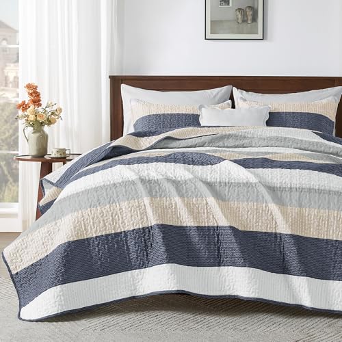 "Andency California King Quilt Set Yellow Blue, 3 Pieces Bedspreads - Ultra Soft Lightweight Cal King Coverlets Set, Patchwork Striped Quilted Bedding Sets for All Seasons (112""x104"")"