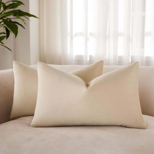 JUSPURBET Decorative Pillow Covers Set of 2 Velvet Throw Pillow Covers for Couch Sofa Bed Soft Lumbar Cushion Covers with Hidden Zipper for Living Room Home Decor,Khaki,14x24 inch
