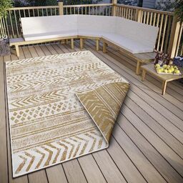 NORTHRUGS Biri Indoor & Outdoor Reversible Rug - Flat Weave, Boho Design, Oeko-Tex, Weatherproof & UV Resistant for Balcony, Patio, Garden, Ochre, 80 x 150 cm