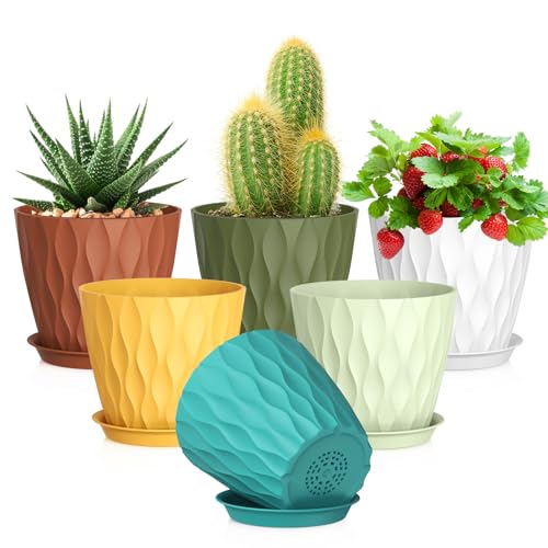 Meowell 5 inch Plant Pots for Indoor Outdoor Plants, 6 Pack Thick Nursery Pots with Drainage Holes and Saucers, 3D Modern Wave Texture Small Plastic Planter Flower Pots, Multicolor