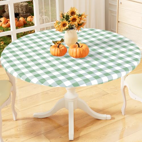 "misaya Round Fitted Tablecloth with Elastic Edge, Buffalo Plaid Waterproof Vinyl Flannel Backed Table Cloth Cover Fits 57""-66"" Round Tables for Dinner, Outdoor, Picnic, Sage Green White Check"