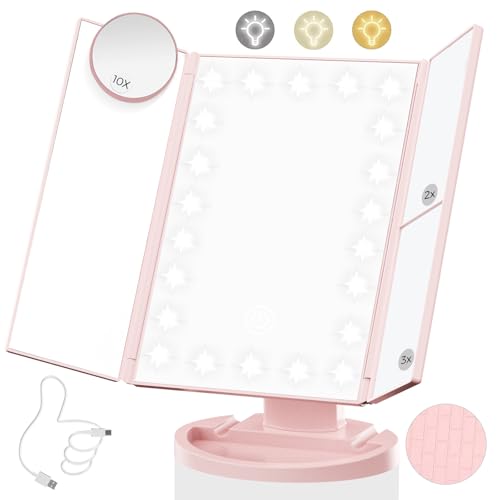 Lighted Makeup Mirror with 22 LED Lights, Dual Power Supply 1x/2x/3x/10x Magnifying Touch Screen Dimmable Mirror, 180 Degree Adjustable Angle, Travel Cosmetic Mirror - Pink