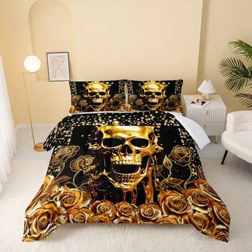 QOOMO Skull Print Kids Bedding Set,Golden Flowers Comforter Set Twin Size for Boys Girls Teen Room Decorat,Soft Lightweight Bed Set All Season,1 Comforter 2 Pillowcases
