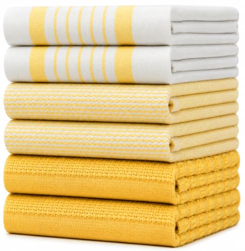 6 Pack Large Tea Towel Set - Absorbent Kitchen Hand Towels - Soft Cotton Dish Towels - Horizontal Ribbed Flat & Terry Towel with Hanging Loop - Vibrant Dyed - Yellow (50 x 70cm)