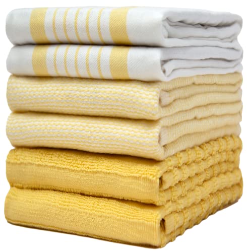 6 Pack Large Tea Towel Set - Absorbent Kitchen Hand Towels - Soft Cotton Dish Towels - Horizontal Ribbed Flat & Terry Towel with Hanging Loop - Vibrant Dyed - Yellow (50 x 70cm)