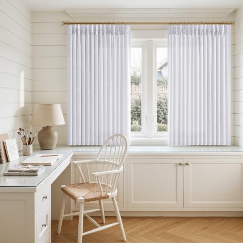 Yuanice Pinch Pleated White Linen Sheer Curtains 54 inch Length Light Filtering Small Window Panels - Semi Sheer Curtain for Dining Living Room with Hooks for Back Tab Drapes and Bay Windows 4-1/2 FT