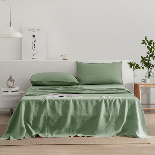 EVERLY Linen King Size Sheets Set, 100% Stonewashed French Linen Bed Sheets Deep Pocket Sheets, 4 Pieces (1 Flat Sheet, 1 Fitted Sheet, 2 Pillowcases) Natural Flax Bedding Set, Green