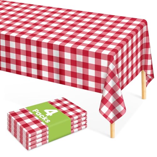 Mulbozy 4 Pcs Red Checkered Tablecloth 54 ??108 Inches Rectangle Red Gingham Tablecloth Disposable Plastic Waterproof Buffalo Table Cover for Outdoor Picnic, Kitchen, Holiday Birthday Party