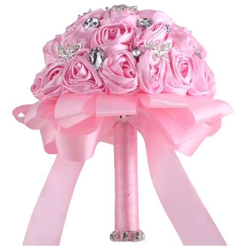 "Mhojpik 7.5"" Pink Bridal Wedding Bouquet Throw Toss Artificial Rose Flower Bunch with Bling Brooch for Bride Bridesmaid Wedding Quinceanera"