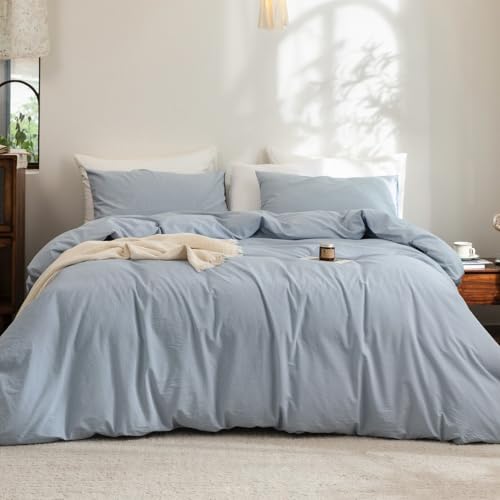 FOSSA Duvet Cover Set 100% Washed Cotton Linen Feel Oversized King - Super Soft Breathable Lightweight & All Season Bedding Set with Hidden Zipper & 8 Corner Ties (Cornflower Blue)