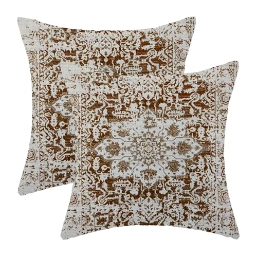 AEIOAE Boho Pillow Covers 24x24 Inch Set of 2,Brown Beige Carpet Pattern Throw Pillows Case,Ethnic Design Retro Outdoor Decorative Square Linen Farmhouse Decor Cushion Covers for Home Sofa Couch