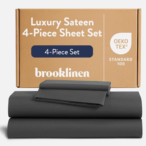 Brooklinen Luxury 4 Piece Satin Duvet Cover Set 100% Cotton Queen Size Slate Grey 1 Fitted Sheet 1 Flat Sheet 2 Pillowcases