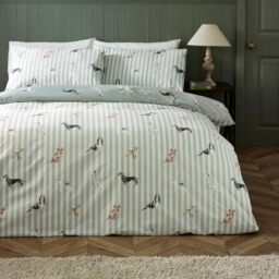 Catherine Lansfield Dog Stripe Reversible Double Duvet Cover Set Green