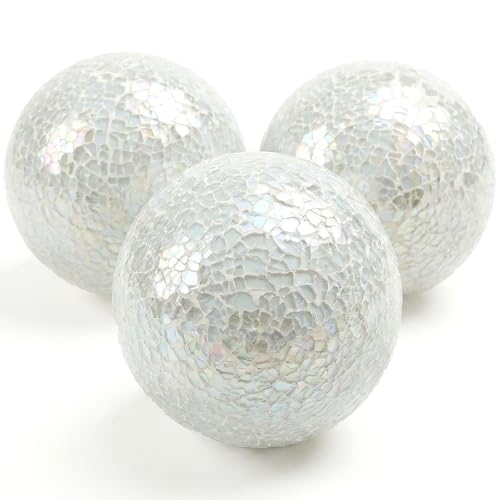 DomeStar 3PCS Decorative Balls for Bowls, 4 Inch White Orbs Glass Balls for Centerpiece Bowls Mosaic Sphere for Home Decoration Dining Table