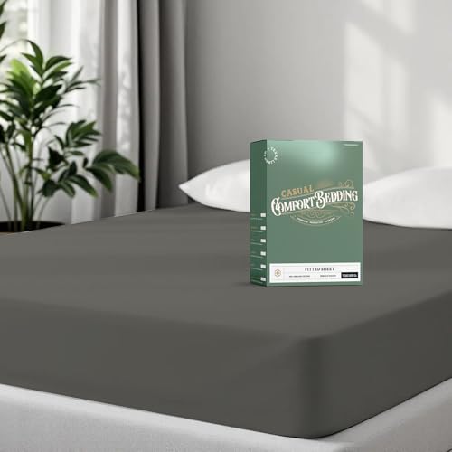 "TEXAS LINEN CO. 100% Organic Cotton Percale Weave Fitted Sheet California King Size, Dark Grey, 1 Deep Pocket CalKing Fitted Sheet, Fits Mattress Upto 16"" Crisp & Cool Bed Linen, Luxury GOTS Certified"