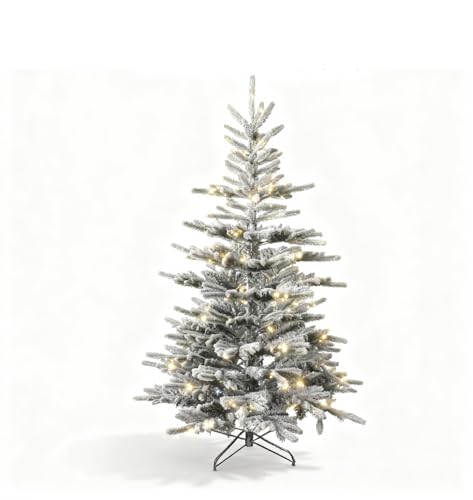 4Ft/1.2m Luxury Pre Lit Snow Flocked Christmas Tree Snow Covered Green Tips Hinged Branches Bushy Artificial Xmas Tree Home Snowy Decorations Warm White LEDs Lights