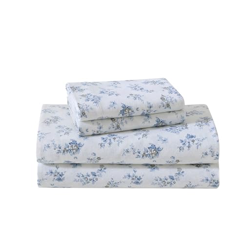 Laura Ashley - Twin Sheet Set, Cotton Flannel Bedding, Brushed for Extra Softness & Comfort (Audrey Blue, Twin)