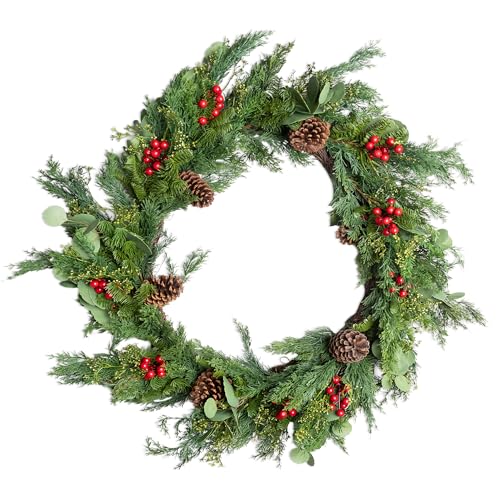SHATCHI 90cm Cedar Christmas Wreath Artificial Greenery Red Berry & Pinecone Holiday Wreath with Fire-Resistant PE Material, Real-Touch Cedar Branches, Bendable Wire for Front Door & Decoration