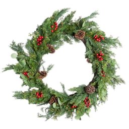 SHATCHI 90cm Cedar Christmas Wreath Artificial Greenery Red Berry & Pinecone Holiday Wreath with Fire-Resistant PE Material, Real-Touch Cedar Branches, Bendable Wire for Front Door & Decoration