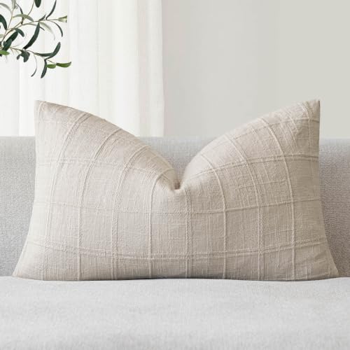 Foindtower Set of 1 Decorative Linen Check Throw Pillow Cover Neutral Farmhouse Lumbar Cushion Cover Modern Boho Home Decor for Sofa Chair Couch Bedroom Living Room,12??20 Inch,Natural Beige