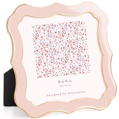 Venusmiles 4x4 Enamel Picture Frame, Wavy Cloud Border, Gold Metal Edge Easel, Real Glass Photo Frame for Wall and Tabletop Display Family Office Photo Gallery, Pink Enamel/1pc