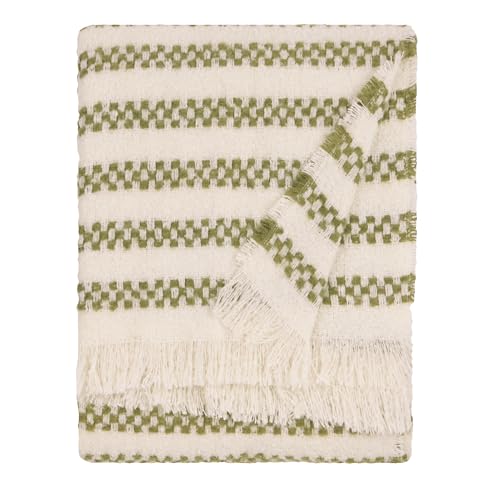 furn. Hoem Clyne Throw – Soft Textured Check Stripe Tasselled Blanket (Olive – 130x180cm)