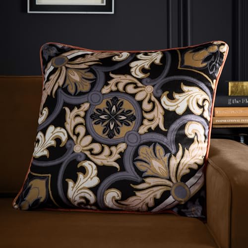 Laurence Llewelyn-Bowen Montrose Black Ornamental Tile Cushion 55 x 55cm – Reversible Boho Design with Stripe Back – Filled Decorative Cushion with Piped Edge – Luxury Velvet Look