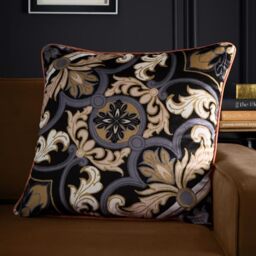 Laurence Llewelyn-Bowen Montrose Black Ornamental Tile Cushion 55 x 55cm – Reversible Boho Design with Stripe Back – Filled Decorative Cushion with Piped Edge – Luxury Velvet Look
