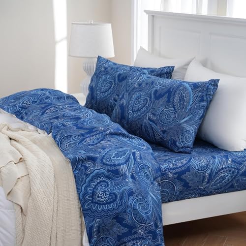 MEISHANG California King Sheet Set - Ultra Soft Floral Sheets 100% Microfiber,1800 Thread Count Floral Bed Sheets Oeko-Tex Certificated - 4 Pieces - Navy Paisley