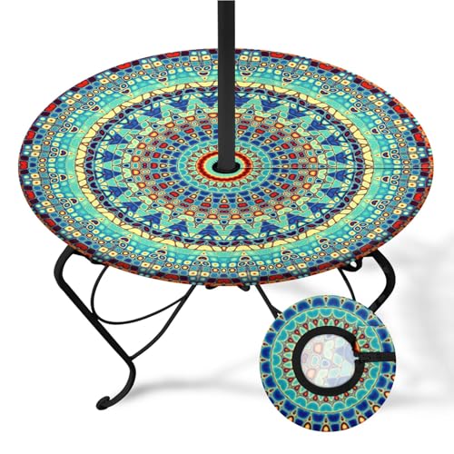 Britown Boho Round Outdoor Tablecloth With Umbrella Hole, Bohemian Fitted Table Cover With Zipper, Waterproof Windproof Umbrella Table Cloth with Elastic(36''-44'')