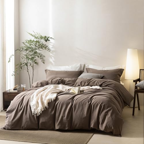 BDEAR 3 Pieces Light Chocolate Brown Duvet Cover Set Super King Size 108'' W x 98'' L, 100% Washed Cotton Duvet Cover with Zipper Closure Plus 2 Pillowcases, Oeko TEX Standard Certificated